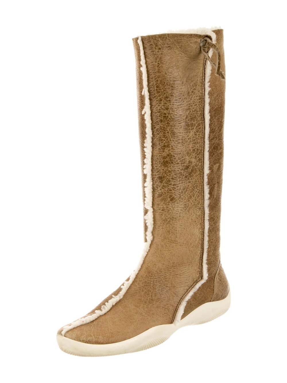 Prada Sport Shearling Tall Tan Leather Boots